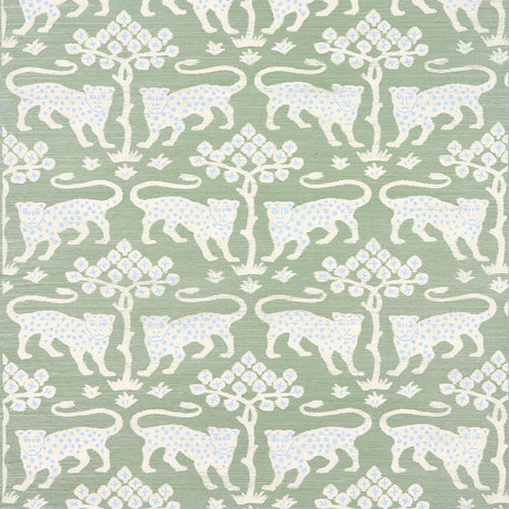 Woodland Leopard Sisal wallpaper in Seaglass by Schumacher, featuring a hand-drawn leopard and tree motif on textured sisal.