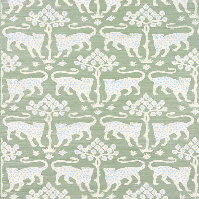 Woodland Leopard Sisal wallpaper in Seaglass by Schumacher, featuring a hand-drawn leopard and tree motif on textured sisal.