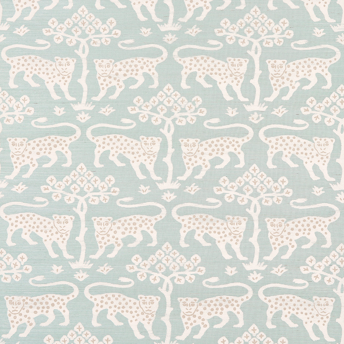 Woodland Leopard Sisal wallpaper in Waterblue by Schumacher, featuring a hand-drawn leopard and tree motif on textured sisal.