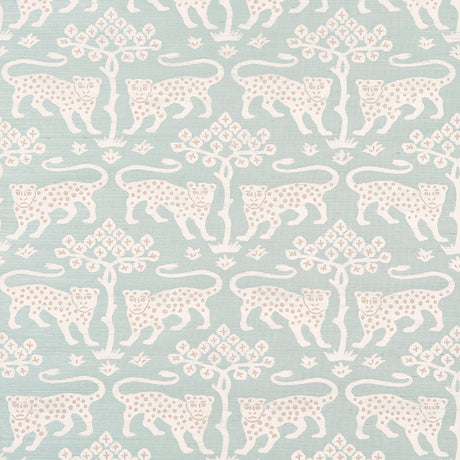 Woodland Leopard Sisal wallpaper in Waterblue by Schumacher, featuring a hand-drawn leopard and tree motif on textured sisal.