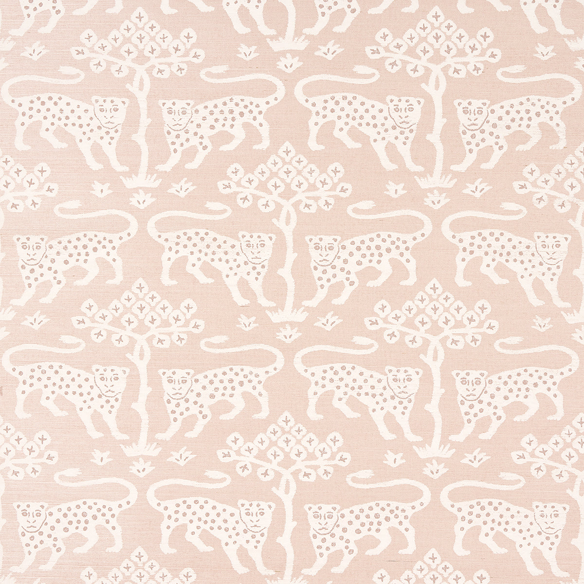 Woodland Leopard Sisal wallpaper in Petal by Schumacher, featuring a hand-drawn leopard and tree motif on textured sisal in a soft pink colorway.