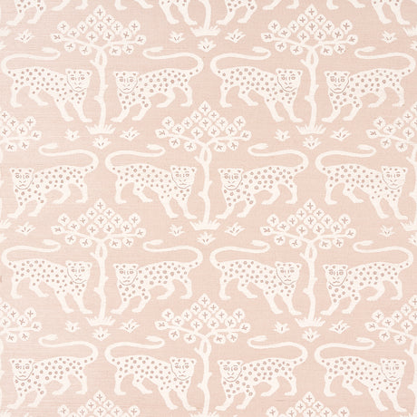 Woodland Leopard Sisal wallpaper in Petal by Schumacher, featuring a hand-drawn leopard and tree motif on textured sisal in a soft pink colorway.