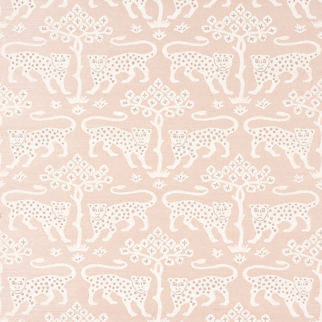 Woodland Leopard Sisal wallpaper in Petal by Schumacher, featuring a hand-drawn leopard and tree motif on textured sisal in a soft pink colorway.