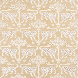 Woodland Leopard Sisal wallpaper in oatmeal colorway, featuring hand-drawn leopards and trees on textured Haruki Sisal, by Schumacher.