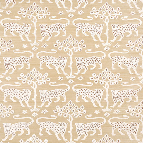 Woodland Leopard Sisal wallpaper in oatmeal colorway, featuring hand-drawn leopards and trees on textured Haruki Sisal, by Schumacher.