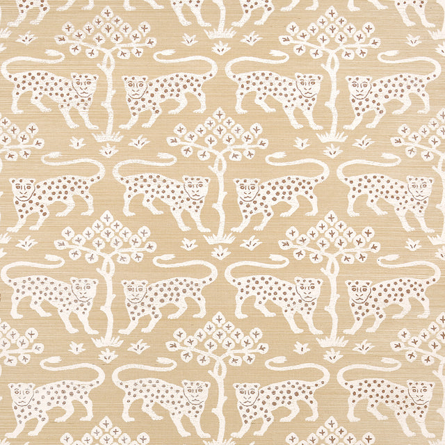 Woodland Leopard Sisal wallpaper in oatmeal colorway, featuring hand-drawn leopards and trees on textured Haruki Sisal, by Schumacher.