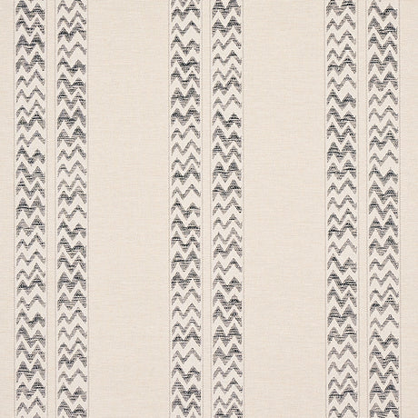 Kudu Stripe wallpaper in black by Schumacher, featuring alternating irregular stripes and chevrons with a jacquard weave texture.