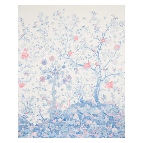 Amaltas Panel Set wallpaper in blue and red, featuring an enchanting forest scene with exotic flowers and quirky animals, inspired by 18th-century block-printed fabric.