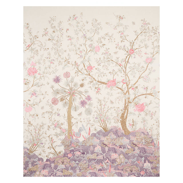 Amaltas Panel Set wallpaper by Schumacher featuring exotic flowers and animals in a document colorway