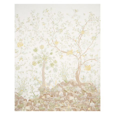 Amaltas Panel Set wallpaper in green and yellow with exotic flowers and animals, shown installed in a living room setting.