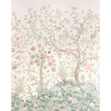 Amaltas Panel Set wallpaper by Schumacher featuring a green and pink exotic floral and animal scenic design, shown installed in a living room.