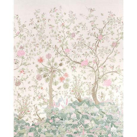 Amaltas Panel Set wallpaper by Schumacher featuring a green and pink exotic floral and animal scenic design, shown installed in a living room.