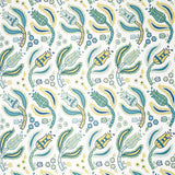 Malabar Vine wallpaper in Peacock by Schumacher, Ottoman-inspired botanical pattern in blue, green, and yellow on white background.