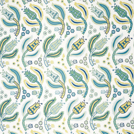 Malabar Vine wallpaper in Peacock by Schumacher, Ottoman-inspired botanical pattern in blue, green, and yellow on white background.