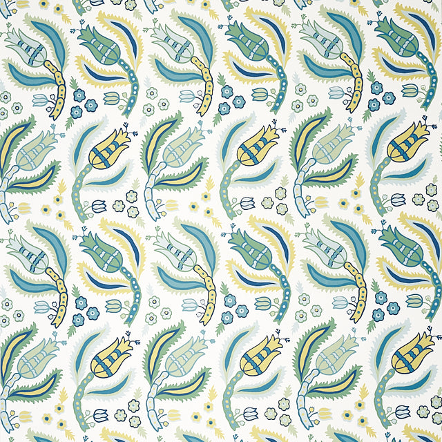 Malabar Vine wallpaper in Peacock by Schumacher, Ottoman-inspired botanical pattern in blue, green, and yellow on white background.