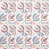 Malabar Vine wallpaper in Rose & Delft by Schumacher, featuring Ottoman-inspired floral vines in pink, blue, and taupe on a white background.