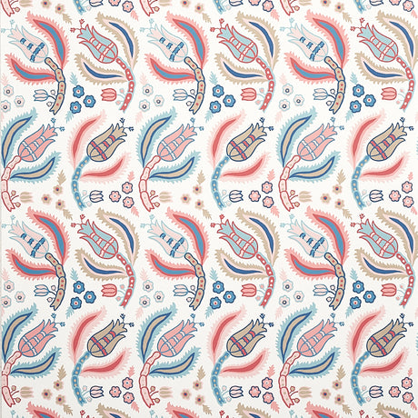 Malabar Vine wallpaper in Rose & Delft by Schumacher, featuring Ottoman-inspired floral vines in pink, blue, and taupe on a white background.