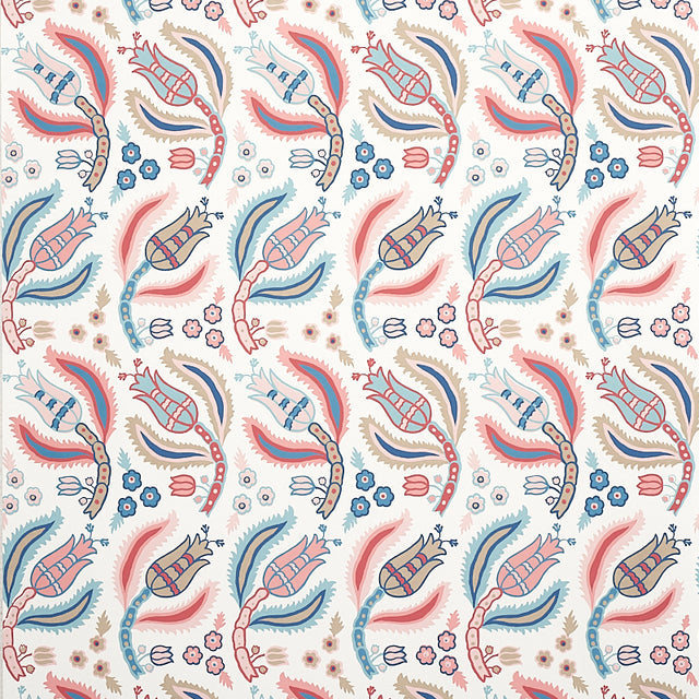 Malabar Vine wallpaper in Rose & Delft by Schumacher, featuring Ottoman-inspired floral vines in pink, blue, and taupe on a white background.
