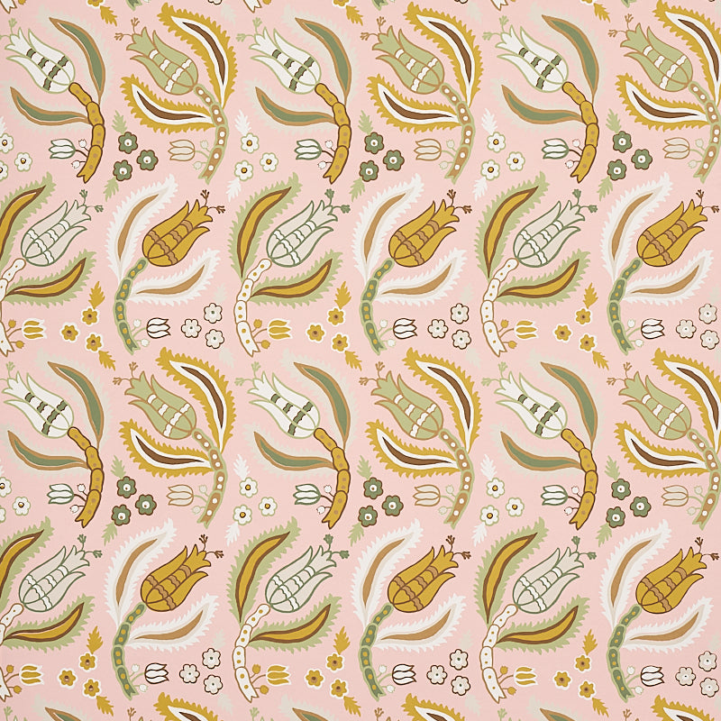 Malabar Vine blush wallpaper by Schumacher, Ottoman-inspired botanical pattern in pink, green, and gold.
