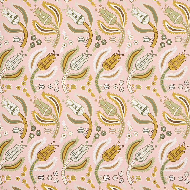 Malabar Vine blush wallpaper by Schumacher, Ottoman-inspired botanical pattern in pink, green, and gold.