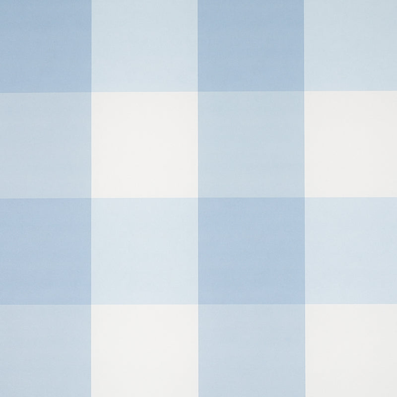 Willa Check Large in Chambray by Schumacher - large-scale blue and white gingham plaid wallpaper in a bedroom setting
