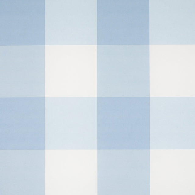 Willa Check Large in Chambray by Schumacher - large-scale blue and white gingham plaid wallpaper in a bedroom setting