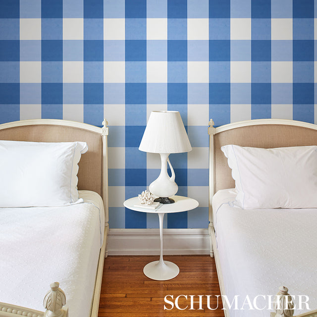 Willa Check Large Navy by Schumacher Oversized Gingham Plaid Wallpaper – Schumacher 5012351