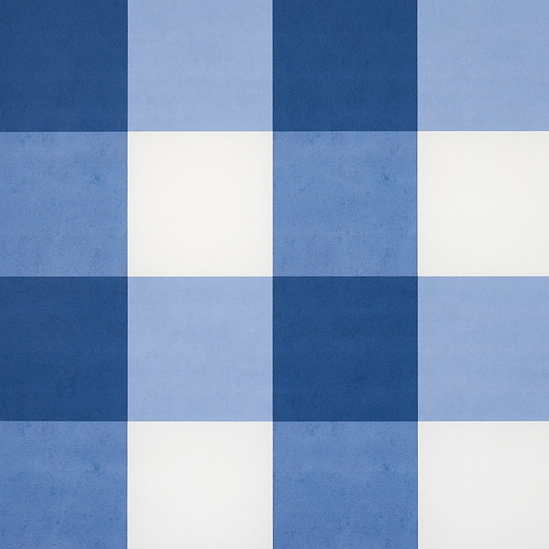 Willa Check Large navy blue and white oversized gingham plaid wallpaper by Schumacher, shown in room and detail views.