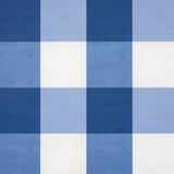 Willa Check Large navy blue and white oversized gingham plaid wallpaper by Schumacher, shown in room and detail views.