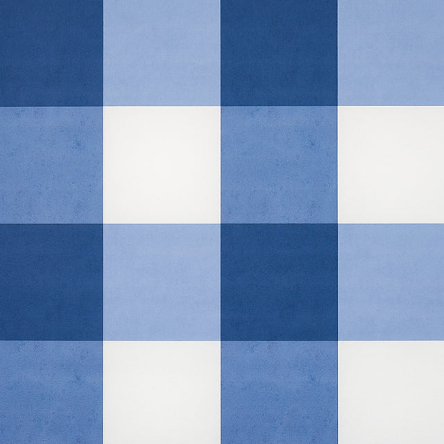 Willa Check Large navy blue and white oversized gingham plaid wallpaper by Schumacher, shown in room and detail views.