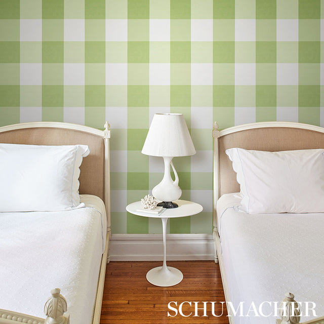 Willa Check Large Leaf Plaid Wallpaper Green by Schumacher – 5012352