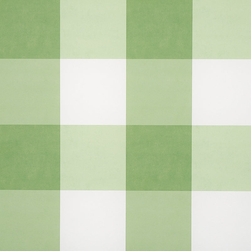 Willa Check Large in Leaf by Schumacher - large-scale green and white gingham plaid wallpaper, shown in styled and detail views.