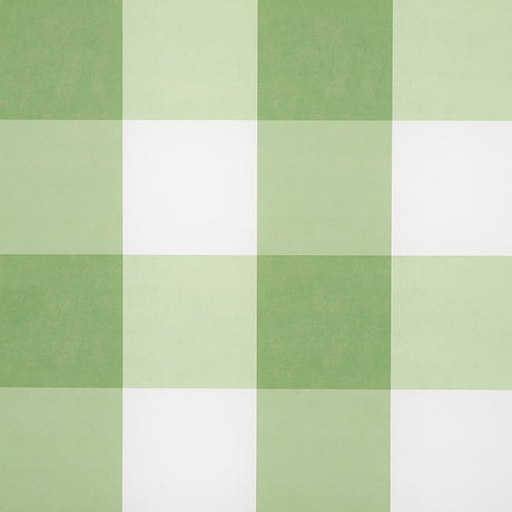 Willa Check Large in Leaf by Schumacher - large-scale green and white gingham plaid wallpaper, shown in styled and detail views.