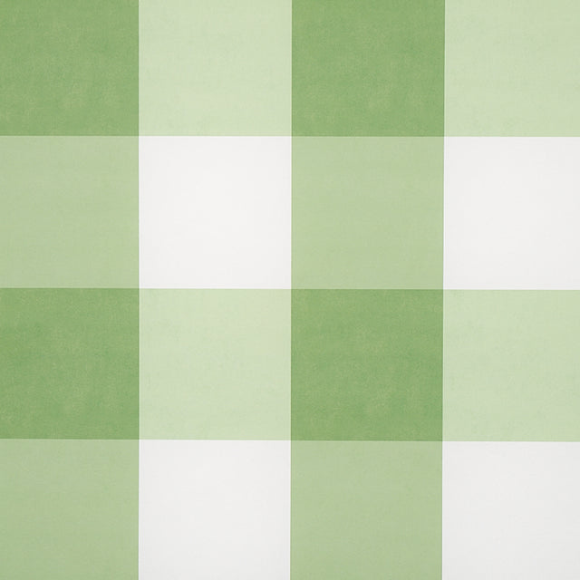 Willa Check Large in Leaf by Schumacher - large-scale green and white gingham plaid wallpaper, shown in styled and detail views.