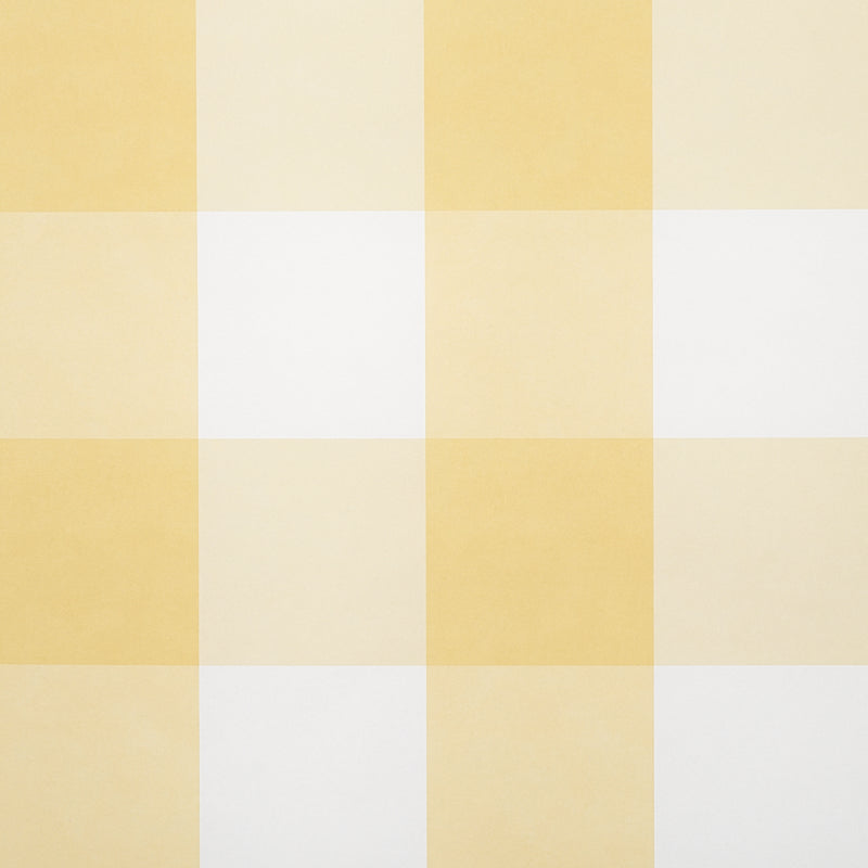 Willa Check Large yellow gingham plaid wallpaper by Schumacher, shown in room and detail views.