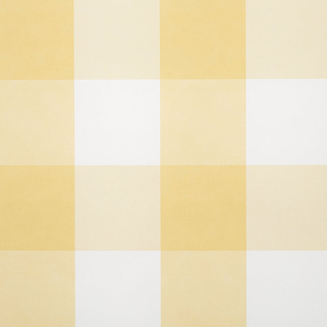 Willa Check Large yellow gingham plaid wallpaper by Schumacher, shown in room and detail views.