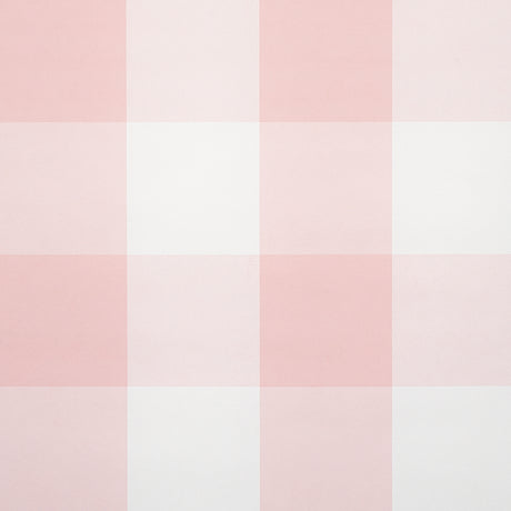 Willa Check Large in pink by Schumacher, a playful oversized gingham plaid wallpaper shown in a styled bedroom and detail views.
