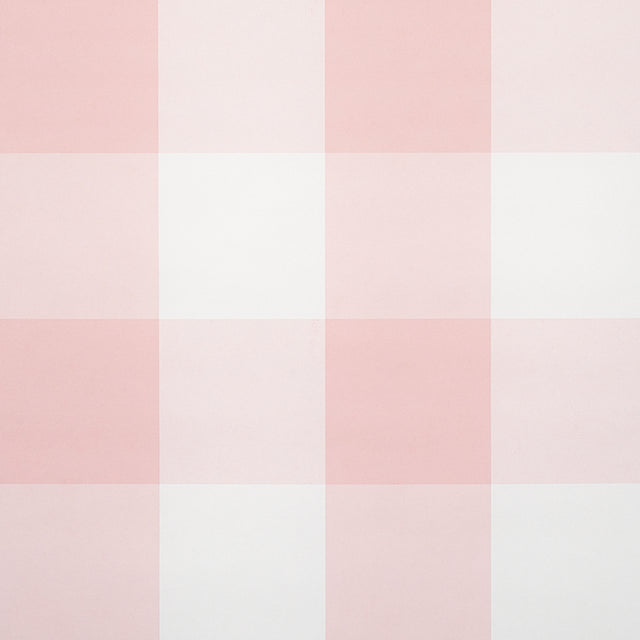 Willa Check Large in pink by Schumacher, a playful oversized gingham plaid wallpaper shown in a styled bedroom and detail views.