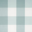 Willa Check Large wallpaper in Seaglass by Schumacher, extra-large-scale gingham plaid in blue and white, shown in styled and detail views.