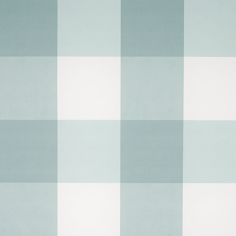 Willa Check Large wallpaper in Seaglass by Schumacher, extra-large-scale gingham plaid in blue and white, shown in styled and detail views.