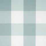 Willa Check Large wallpaper in Seaglass by Schumacher, extra-large-scale gingham plaid in blue and white, shown in styled and detail views.