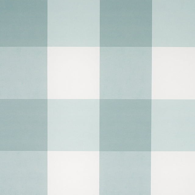 Willa Check Large wallpaper in Seaglass by Schumacher, extra-large-scale gingham plaid in blue and white, shown in styled and detail views.