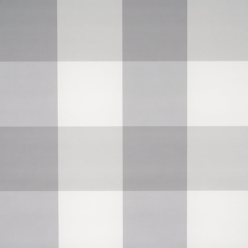 Willa Check Large grey plaid wallpaper by Schumacher, extra-large-scale gingham pattern, shown in a modern bedroom setting.