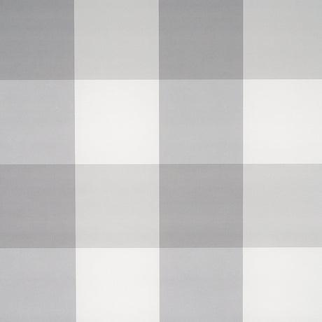 Willa Check Large grey plaid wallpaper by Schumacher, extra-large-scale gingham pattern, shown in a modern bedroom setting.