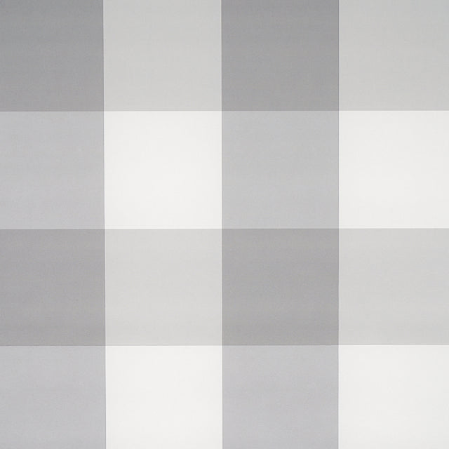 Willa Check Large grey plaid wallpaper by Schumacher, extra-large-scale gingham pattern, shown in a modern bedroom setting.