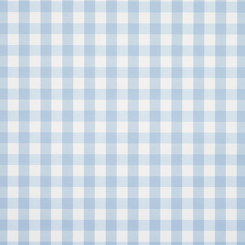 Willa Check Small wallpaper in Chambray blue and white, modern gingham plaid pattern, styled in a kitchen interior by Schumacher.