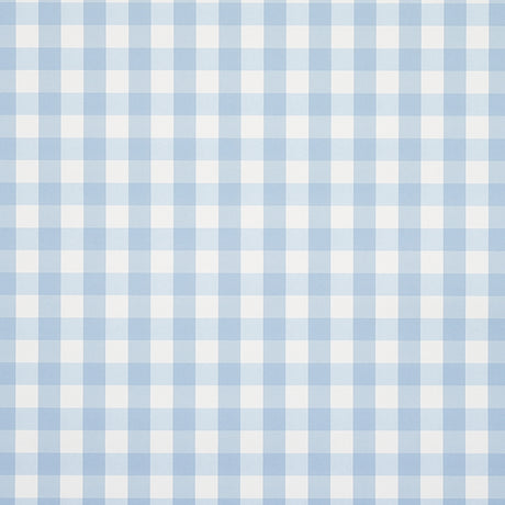 Willa Check Small wallpaper in Chambray blue and white, modern gingham plaid pattern, styled in a kitchen interior by Schumacher.