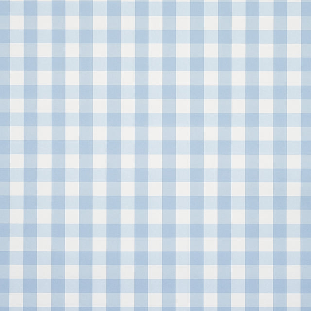 Willa Check Small wallpaper in Chambray blue and white, modern gingham plaid pattern, styled in a kitchen interior by Schumacher.