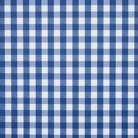Willa Check Small navy blue gingham plaid wallpaper by Schumacher shown in close-up and installed in a kitchen setting.