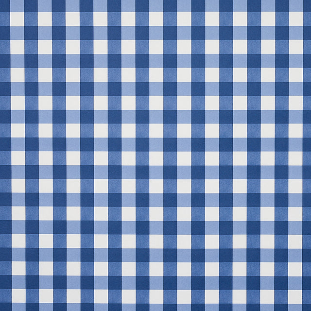 Willa Check Small navy blue gingham plaid wallpaper by Schumacher shown in close-up and installed in a kitchen setting.